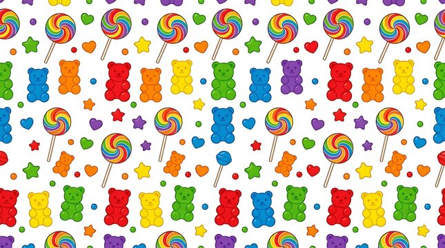 Colorful candy pattern with gummy bears and rainbow lollipops