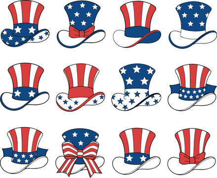 Patriotic Uncle Sam Hat Collection Set with American Flag Design Vector Illustration