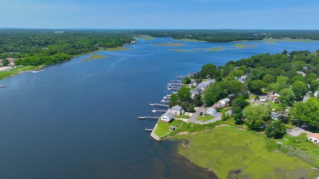 Barrington River aerial view in summer in town of Barrington, Rhode Island RI, USA. 