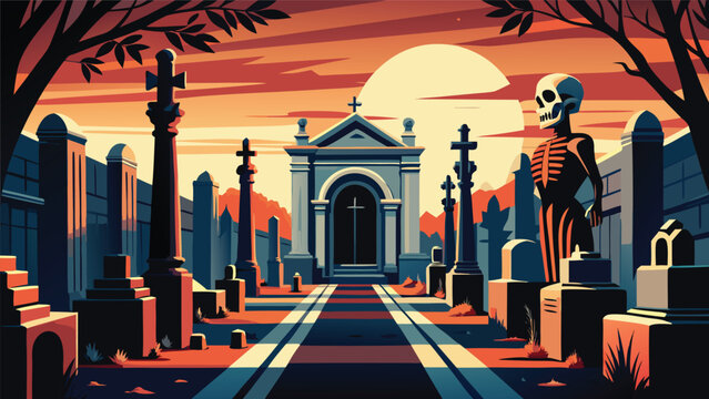 Eerie skeleton standing in old cemetery at sunset with mausoleum skeleton cemetery graveyard mausoleum tombstone halloween architecture monument headstone building background illustration