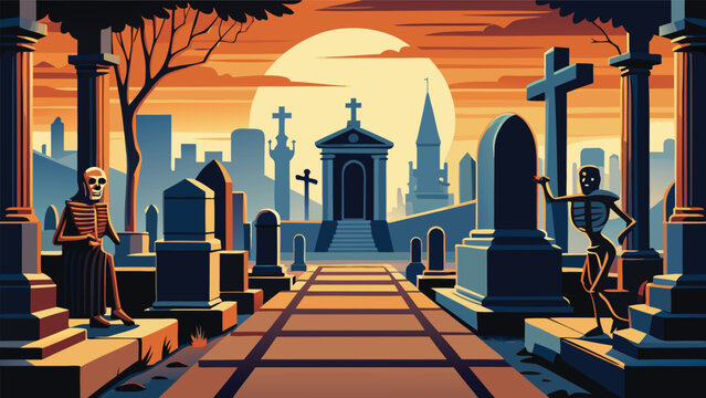 Haunted cemetery scene with skeletons and distant city skyline cemetery skeleton graveyard tombstone mausoleum halloween monument building architecture background illustration landscape