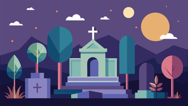 Cemetery mausoleum at night with full moon and crosses cemetery mausoleum graveyard fullmoon landscape halloween headstone mysterious architecture monument religious christian spiritual