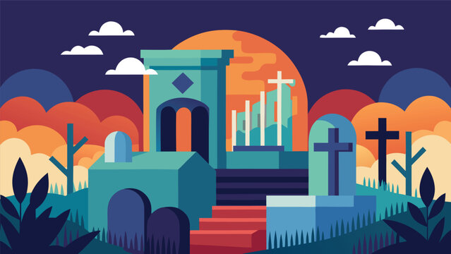 Halloween graveyard scene with tombstones and crosses at sunset graveyard cemetery halloween tombstone mausoleum landscape illustration colorful mysterious headstone monument religious