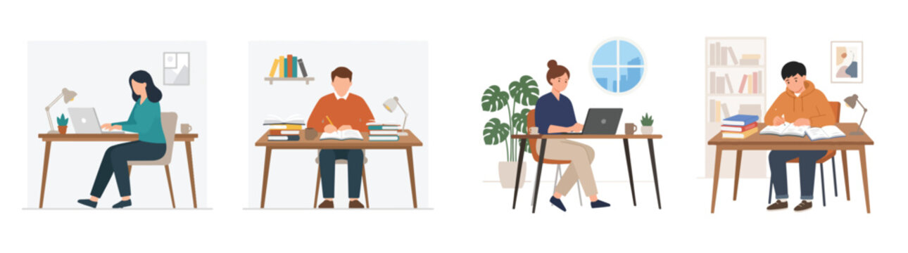 A set of 2 simple flat vector illustrations showing a person working on a laptop and another person studying with books, clean geometric shapes, no outline, no gradient, flat colors, white background,