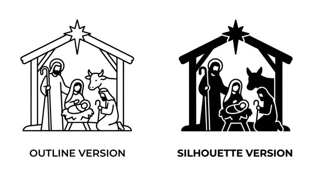 Nativity Scene Illustration: A classic depiction of the Nativity, presented in both outline and silhouette styles, featuring the Holy Family, animals, and the Star of Bethlehem.
