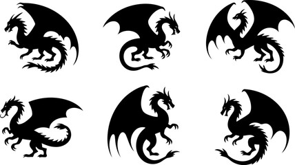 Fototapeta premium Collection of six different dragon silhouettes on white background
