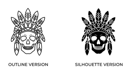 Native American Skull Art: A striking depiction of a skull adorned with traditional Native American headdress, presented in both outline and silhouette styles. © rumana