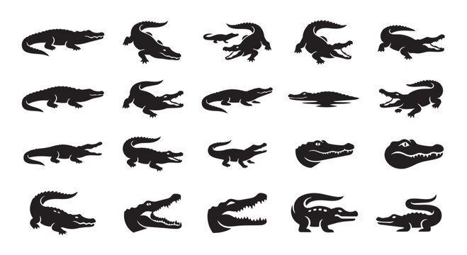 Collection of various black crocodile and alligator silhouette icons with crocodile alligator silhouette