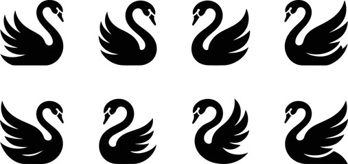 Collection of swans in various poses and angles in black silhouette on white background © SAYEDAJANNATUL