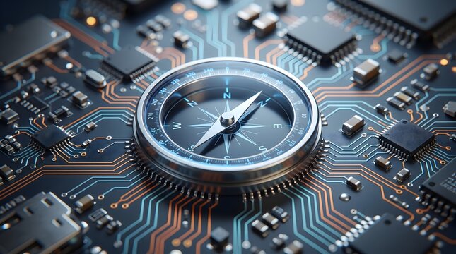 Technology navigation compass over circuit board with blue and orange lines