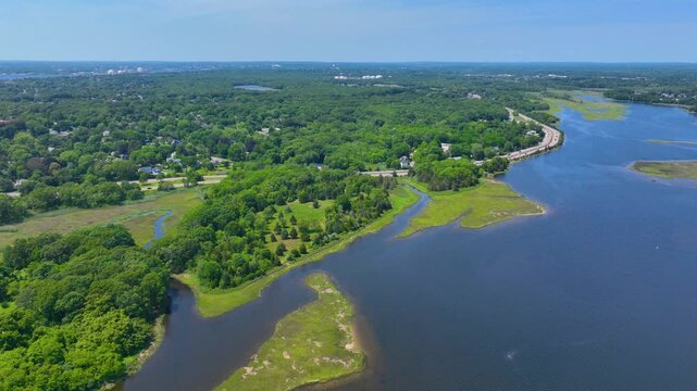 Barrington River aerial view in summer in town of Barrington, Rhode Island RI, USA. 