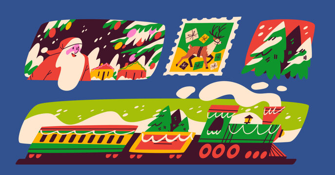 Flat retro Christmas elements set with Santa Claus, winter train and postage stamp with deer