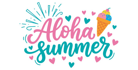 Vibrant aloha summer vector illustration featuring a colorful ice cream cone and hearts on transparent background © Mst Zakia