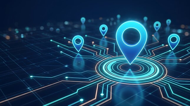 Digital network map with glowing blue location pins and circuit board lines