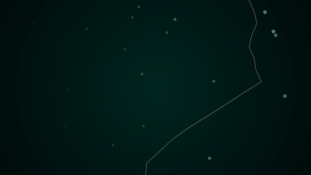 Abstract network animation of white lines connecting glowing green nodes on a dark background.