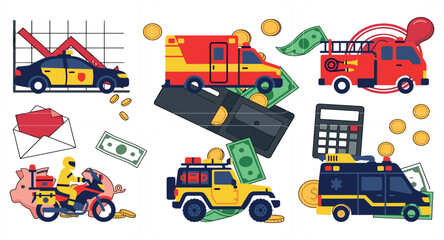 Naklejka premium Emergency Services Cost and Public Safety Budget Vector Concept Featuring Ambulance, Fire Truck, Police Car, Cash Wallet, and Financial Inflation Graph Illustrations