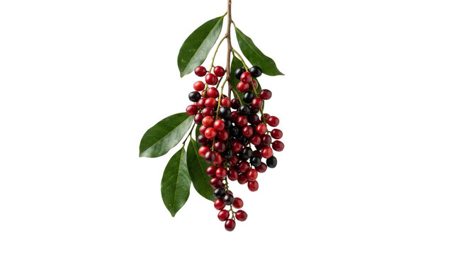 Cluster of ripe red and black bignay berries hanging on a branch with green leaves on white background