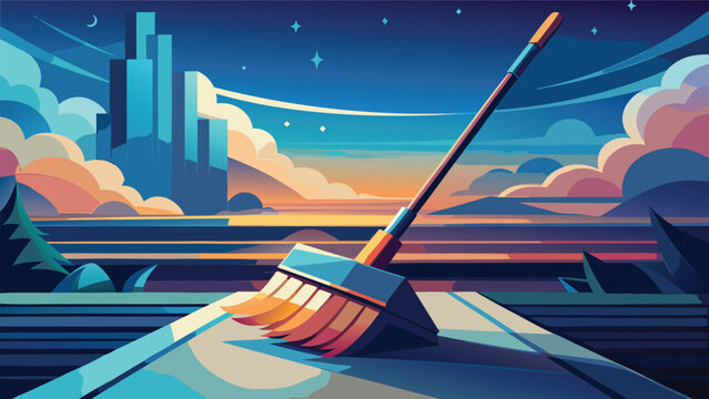 Broom standing on a surface overlooking a city skyline at night with cleaning sweeping landscape moonlight architecture buildings housework domestic maintenance background lifestyle