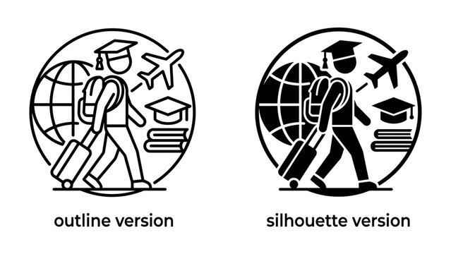 Student Traveler: An illustration depicting a student with a backpack and suitcase, representing travel and education with global and aviation elements, a symbol of global learning and adventure.