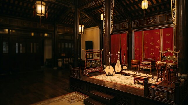 Traditional asian musical instruments on an ornate wooden stage