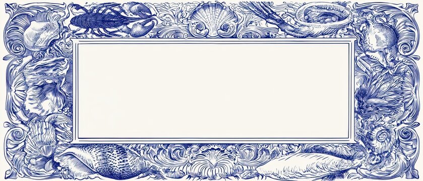 Engraved ornamental frame, intricate illustrations of seafood and nautical patterns, large rectangular blank center, deep blue ink