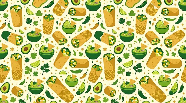 Mexican food seamless pattern with burritos and guacamole bowls