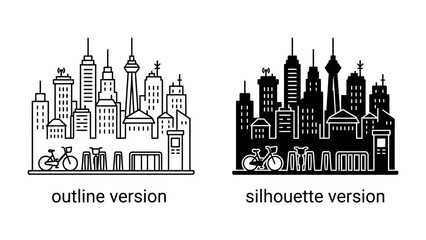 Naklejka premium Cityscape Icons: A set of stylized icons representing an urban cityscape with modern skyscrapers, bicycles, and architectural elements.