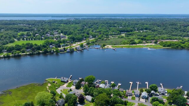 Barrington River aerial view in summer in town of Barrington, Rhode Island RI, USA. 