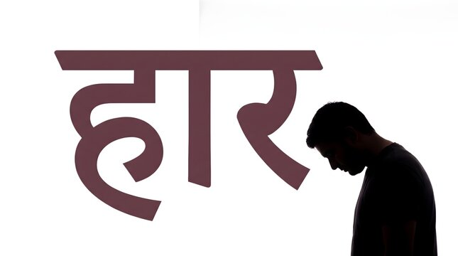 Hindi word haar meaning defeat with sad male silhouette isolated on plain white backdrop.