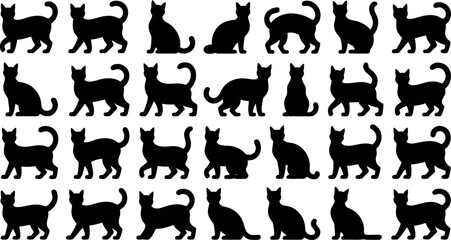Collection of various cat silhouettes in different poses on white background © SAYEDAJANNATUL