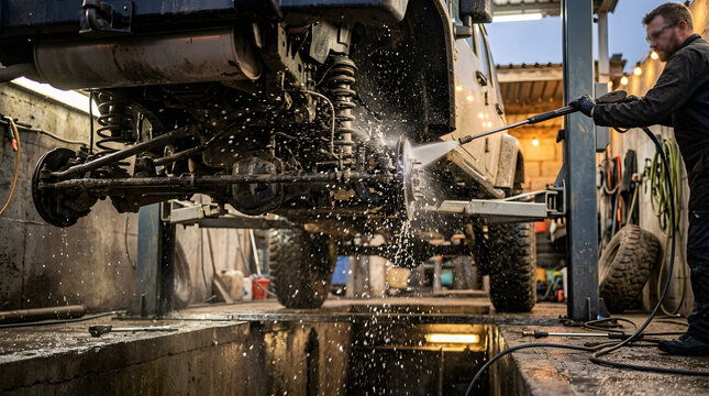 Professional mechanic cleaning the chassis and suspension of an off-road 4x4 vehicle using high-pressure water sprayer in a garage workshop. Automotive maintenance, detailing and repair service.
