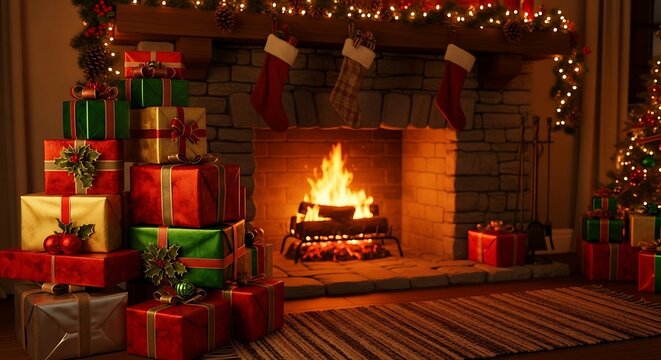 Cozy christmas fireplace with stack of wrapped gift boxes and stockings fireplace christmas presents stockings decoration celebration tradition