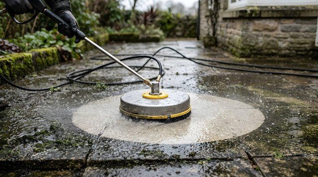 Professional pressure washing service cleaning a dirty stone patio with a rotary surface cleaner tool. Removing moss, algae, and grime from wet flagstone paving slabs in a residential garden.