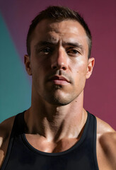 Obraz premium Serious athletic man in black tank top with strong gaze and colorful background lighting
