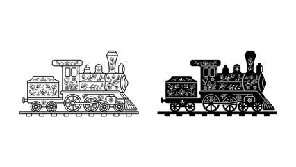 Obraz premium Vintage Train Illustration: Two intricate illustrations of a vintage steam locomotive, one in outline and the other in silhouette, showcasing classic design and a bygone era of travel.