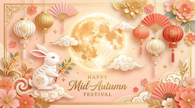 Happy Mid Autumn Festival greeting banner template with 3D paper cut style rabbit holding flower under glowing full moon on pastel pink background