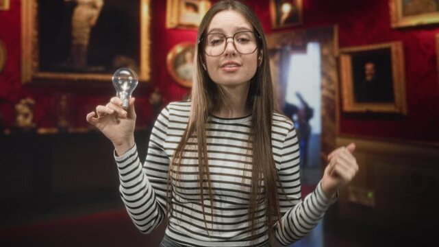 Young woman holds lightbulb between fingertips and gestures with free hand in ornate gallery building, wearing striped shirt and glasses; curiosity discovery.