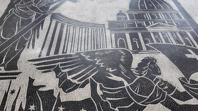 Aesthetic cinematic view of the Vatican coat of arms mosaic floor in Rome