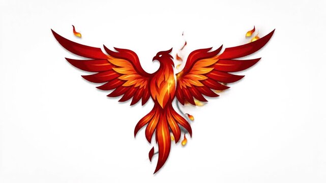 Fiery phoenix bird with spread wings on white background