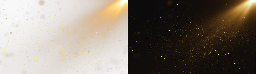 Fototapeta premium Golden light beam with floating dust particles from the corner on white and black background
