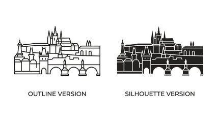 Architectural Icons: A striking comparison showcasing an architectural landmark in both outline and silhouette form. This versatile graphic represents a blend of detail and bold form. © muntahna