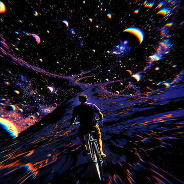Surreal Cosmic Bicycle Ride Through a Dreamlike Universe with Colorful Planets and Stars