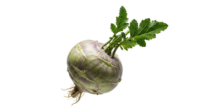 Healthy Purple Kohlrabi Root Vegetable with Fresh Green Leaves Isolated on White Background Studio Shot