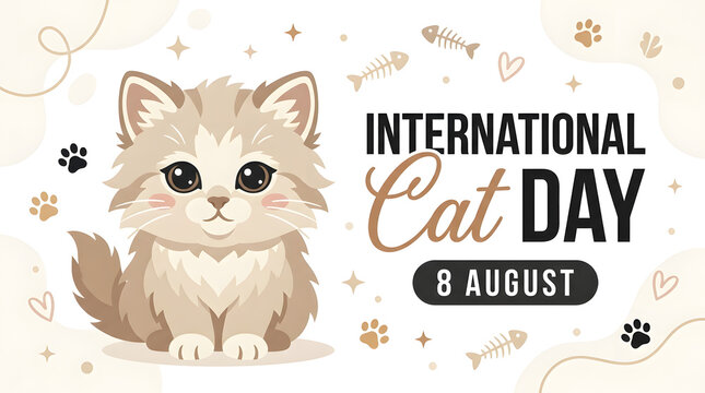 International cat day greeting design featuring an adorable fluffy kitten and floral accents, greeting