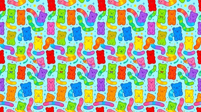 Playful seamless pattern of colorful gummy bears and worms