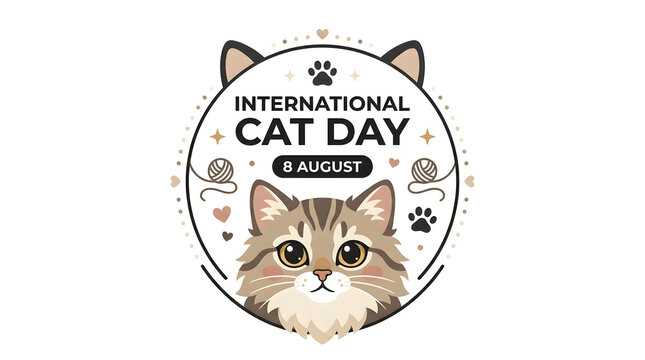 International cat day badge design featuring a cute brown cat with yarn and paw prints, international