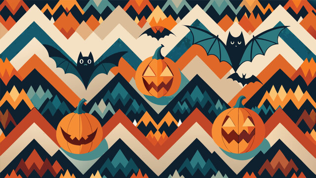 Halloween seamless pattern design with scary pumpkins and flying bats halloween seamless celebration seasonal illustration wallpaper ornamental decorative backdrop creative composition