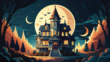 Haunted victorian mansion under a large full moon at night with halloween architecture building fullmoon illustration mysterious nighttime landscape seasonal celebration enchanted historic