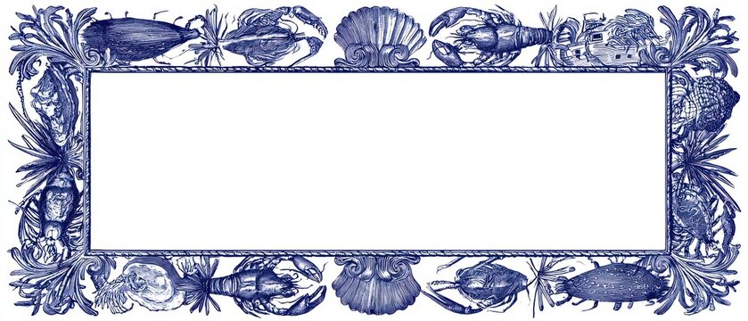 Engraved ornamental frame, intricate illustrations of seafood and nautical patterns, large rectangular blank center, deep blue ink