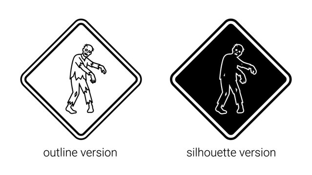 Zombie Warning Signs: Two diamond-shaped warning signs depicting a zombie, one in outline and the other in silhouette, conveying a message of danger or a themed event